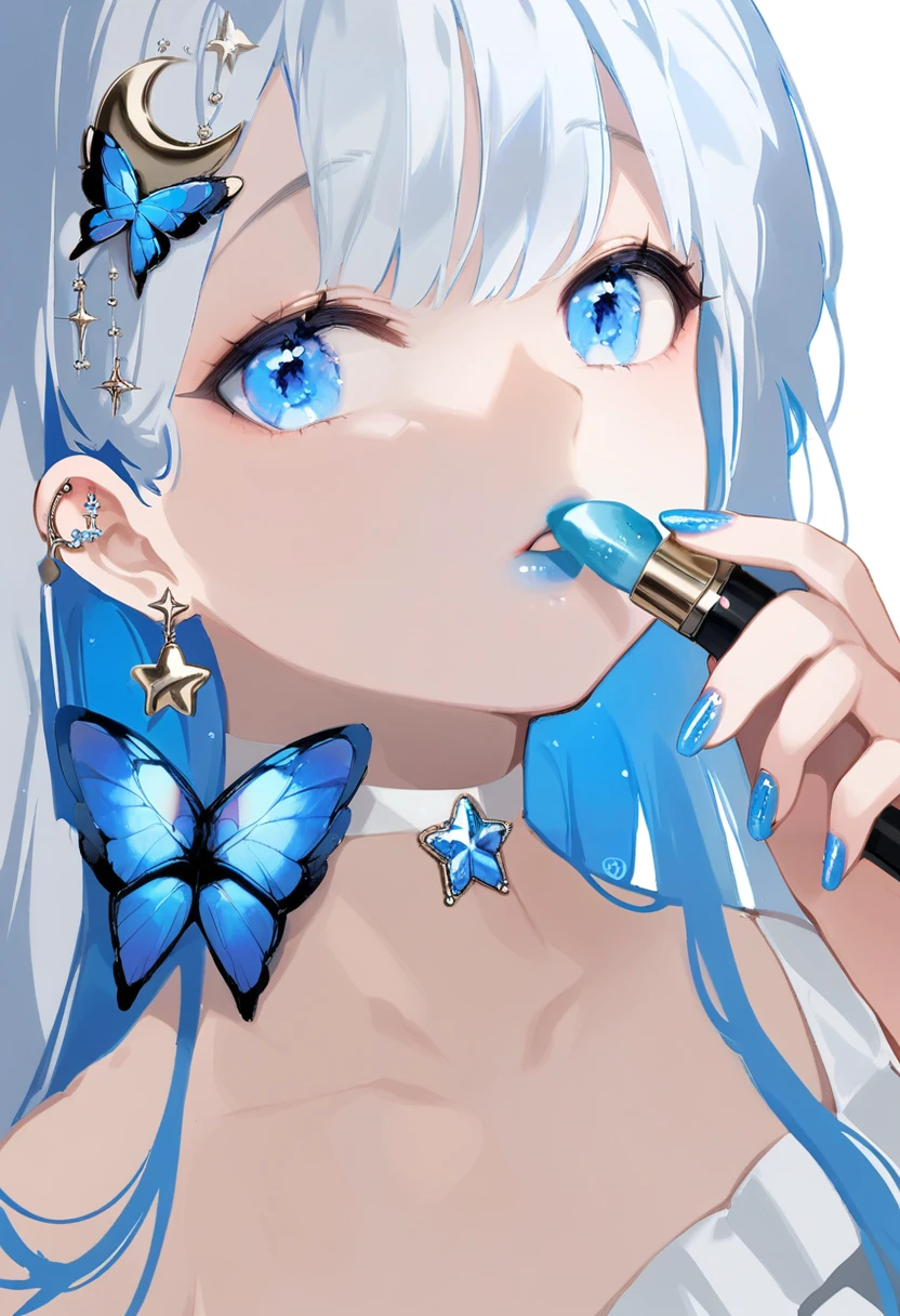 masterpiece, best quality,<lora:OH4XL_ANI31_lokr_V4312:0.95>1girl, solo, blue eyes, jewelry, lipstick tube, earrings, choker, cosmetics, butterfly, bug, holding, long hair, holding lipstick tube, blue nails, crescent, looking at viewer, parted lips, piercing, hair ornament, star \(symbol\), white choker, nail polish, makeup, collarbone, blue butterfly, ear piercing, applying makeup, lipstick, blue lips, simple background, hand up, crescent earrings, white background, upper body, portrait, blue hair, white hair