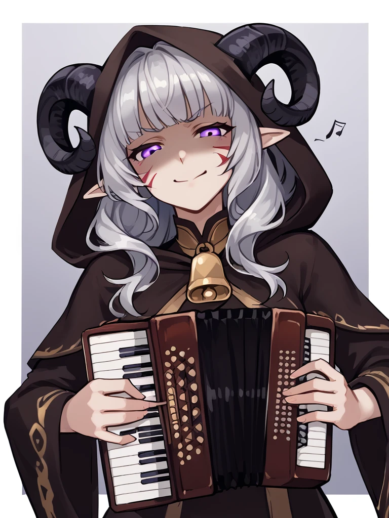 <lora:accordion:1> accordion, holding instrument, playing instrument,  source_furry, score_7_up, rating_safe, cowboy shot, gold necklace, tiefing, short pointed ears, horns, (a pair of brown sheep Horns that begin at her temples and curve back: 1.5), bangs,long silver hair long wavy hair, pale skin,<lora:whisker_markings:0.8> whisker_markings:1.4 , pointy ears, purple eyes:1.2, <lora:age_slider_v4:0.6>   medium breasts, skinny female, close up, silver hair, <lora:Tieflingnew weird fantasyDND:0.3> Tiefling, pointed ears, horns,  angry, half-closed eyes:1.5, smile mouth:1.2,<lora:Smooth Style 2 SDXL_LoRA_Pony Diffusion V6 XL:0.5> bell, robe, hood off, <lora:Nanoless_Artist_Style_PonyXL:0.3>   , shaded face:1.2,  simple background