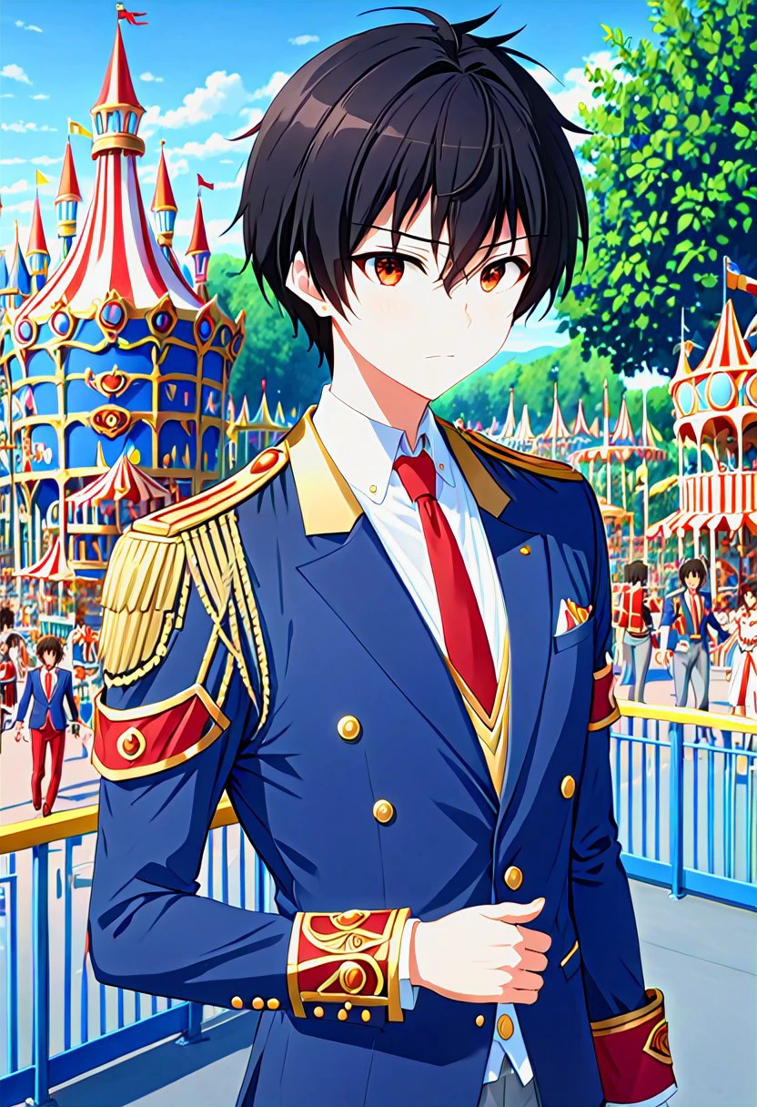 high resolution, solo, best quality, 1Boy, Seiya Kanie, Black Hair, Short Hair, Thin, Brown Eyes, a white dress shirt under a dark blue jacket with golden accents, gold aiguillettes worn on the right shoulder, a red tie, gray pants, and a red armband on it around his left arm, manager, theme park,