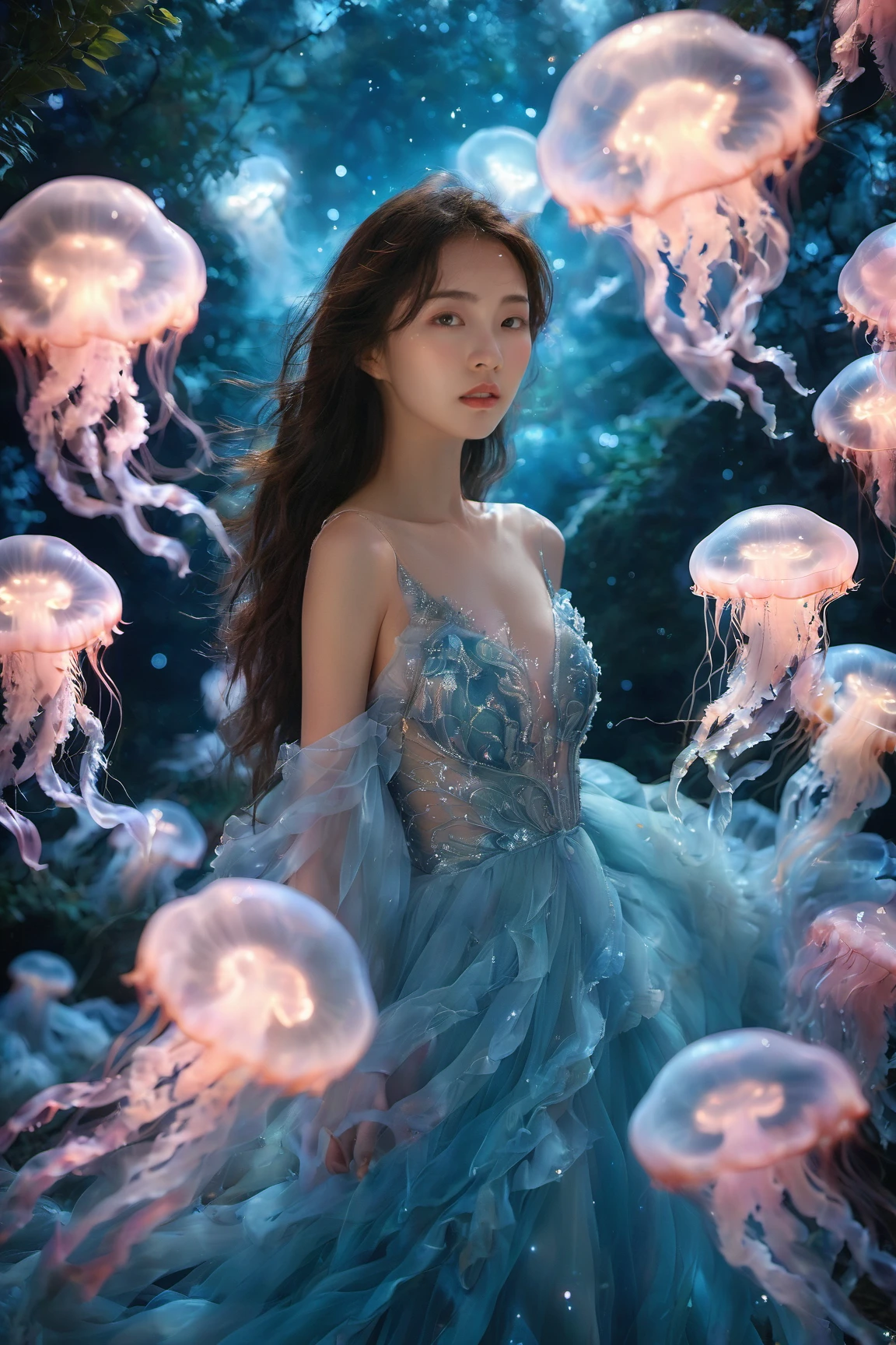 An Asian young woman with long flowing hair, adorned in a delicate midnight blue gown, surrounded by a mesmerizing moonlit meadow environment. She stands amidst a dance of luminescent jellyfish, which glow in hues of pink and blue. The backdrop is a starry sky, punctuated by the soft glow of bioluminescent fireflies and the gentle rustle of grasses. The woman's gaze is distant, as if lost in thought, while the jellyfish float gracefully around her, creating an ethereal and dreamlike atmosphere.<lora:EMS-310343-EMS:0.800000>, <lora:EMS-412760-EMS:0.800000>