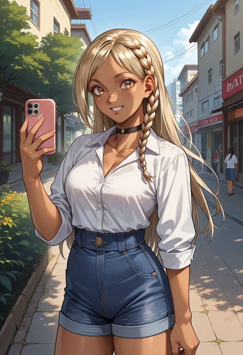 score_9, score_8_up, source_anime, 1girl, solo, KataharaSayaka, long hair, single side braid, dark-skinned female, white shirt, dress shirt, black choker, holding cellphone, denim shorts, high-waist shorts, outdoors, smile, <lora:ChamKataharaSayakaPonyXL:1>