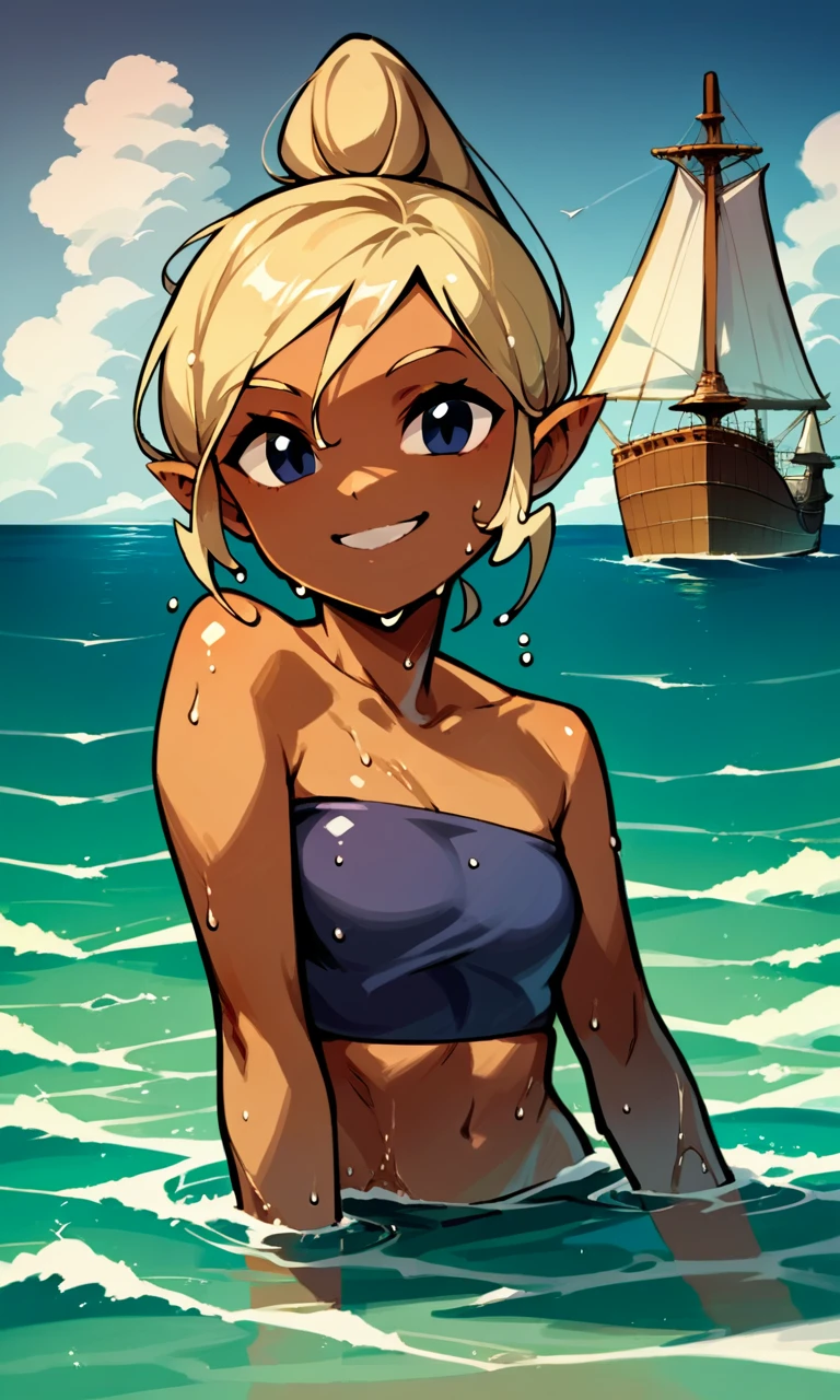 score_9, score_8_up, score_7_up, source_anime BREAK, 1girl, solo, tetra, dark skinned female, blond hair, blue eyes, tube top, ocean, pirate ship, swimming, smile, wet body, wet hair