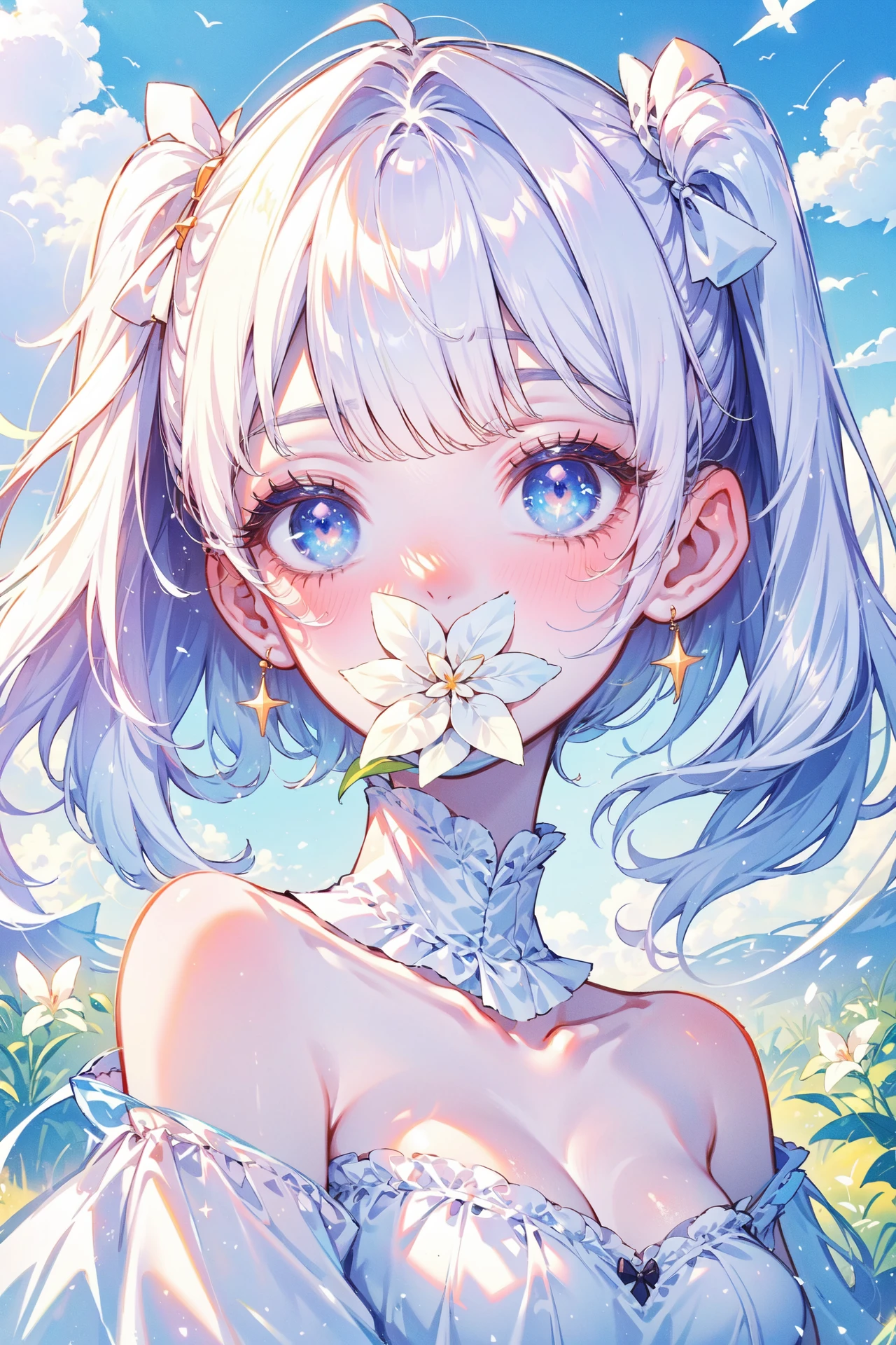 ((best quality, masterpiece, absurbres, super-resolution)), 1girl, fl0werm0uth, portrait, white flower, cute, happy, sparkle, Fluffy Clouds, Soft light, <lora:fl0werm0uth_v03:0.8>