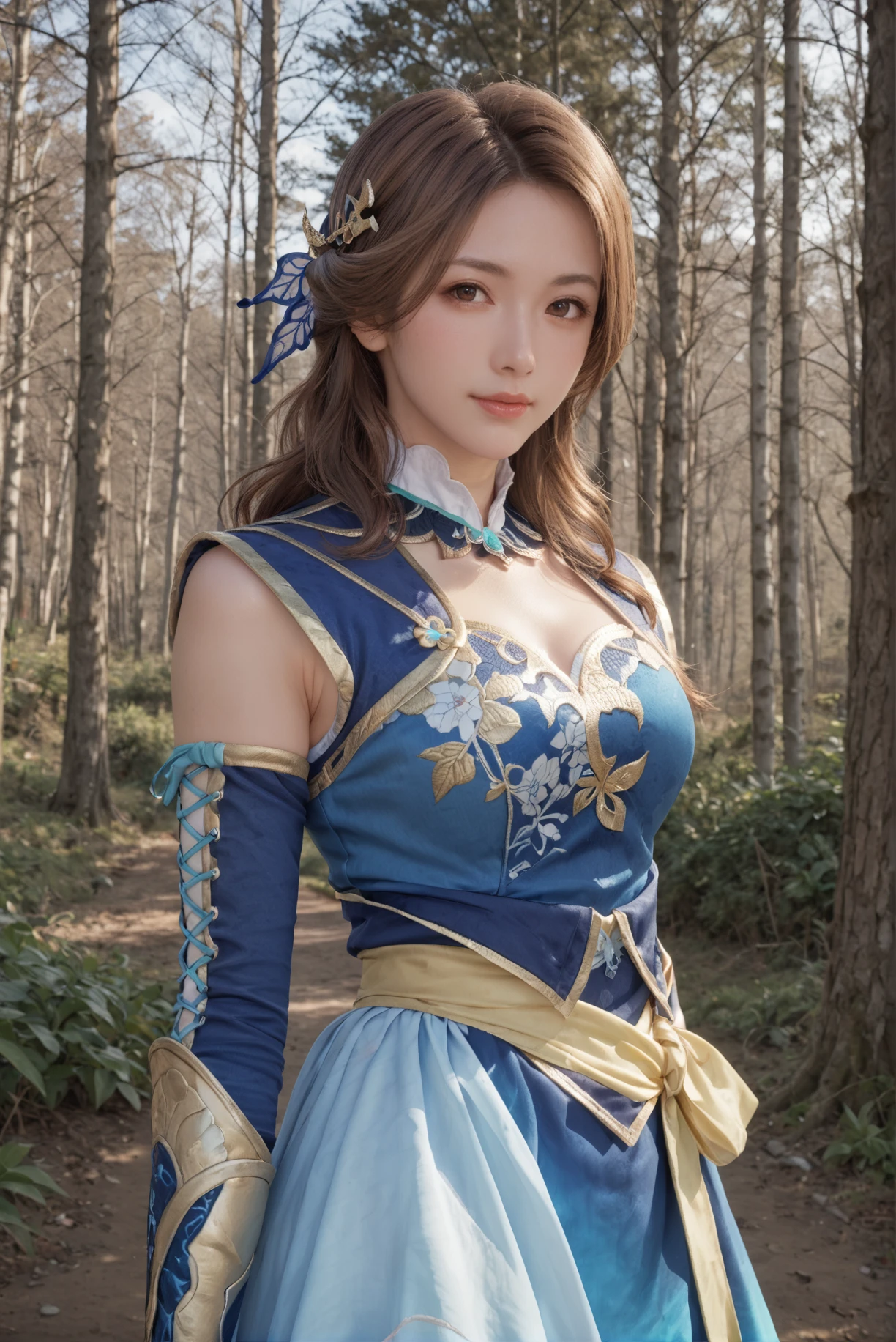 score_9, score_8_up, score_7_up, 1girl, solo, brown hair, long hair, blue dress, brown eyes, forest, outdoors, looking at viewer, half body shot, hair ornament, <lora:Zhang_Chunhua_Dynasty_Warrior:0.7>