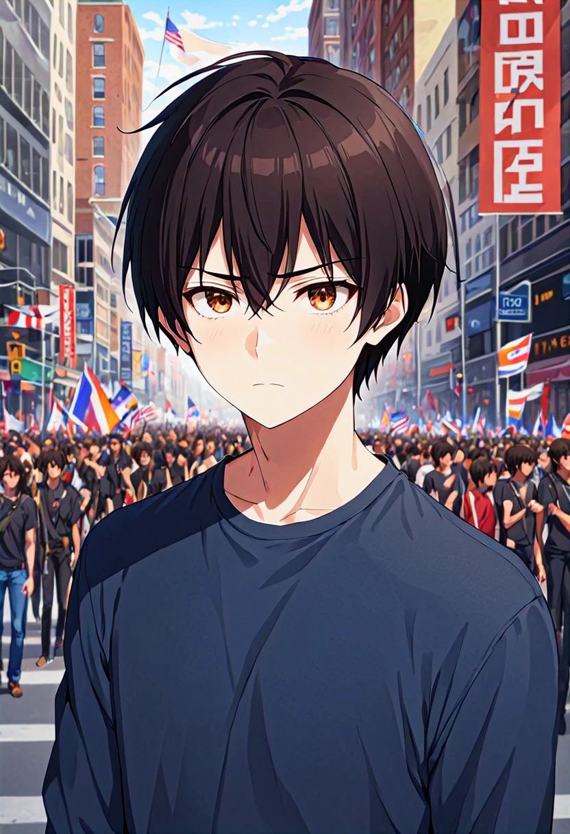 high resolution, solo, best quality, 1Boy, Seiya Kanie, Black Hair, Short Hair, Thin, Brown Eyes, Social justice, activism, equality, change,