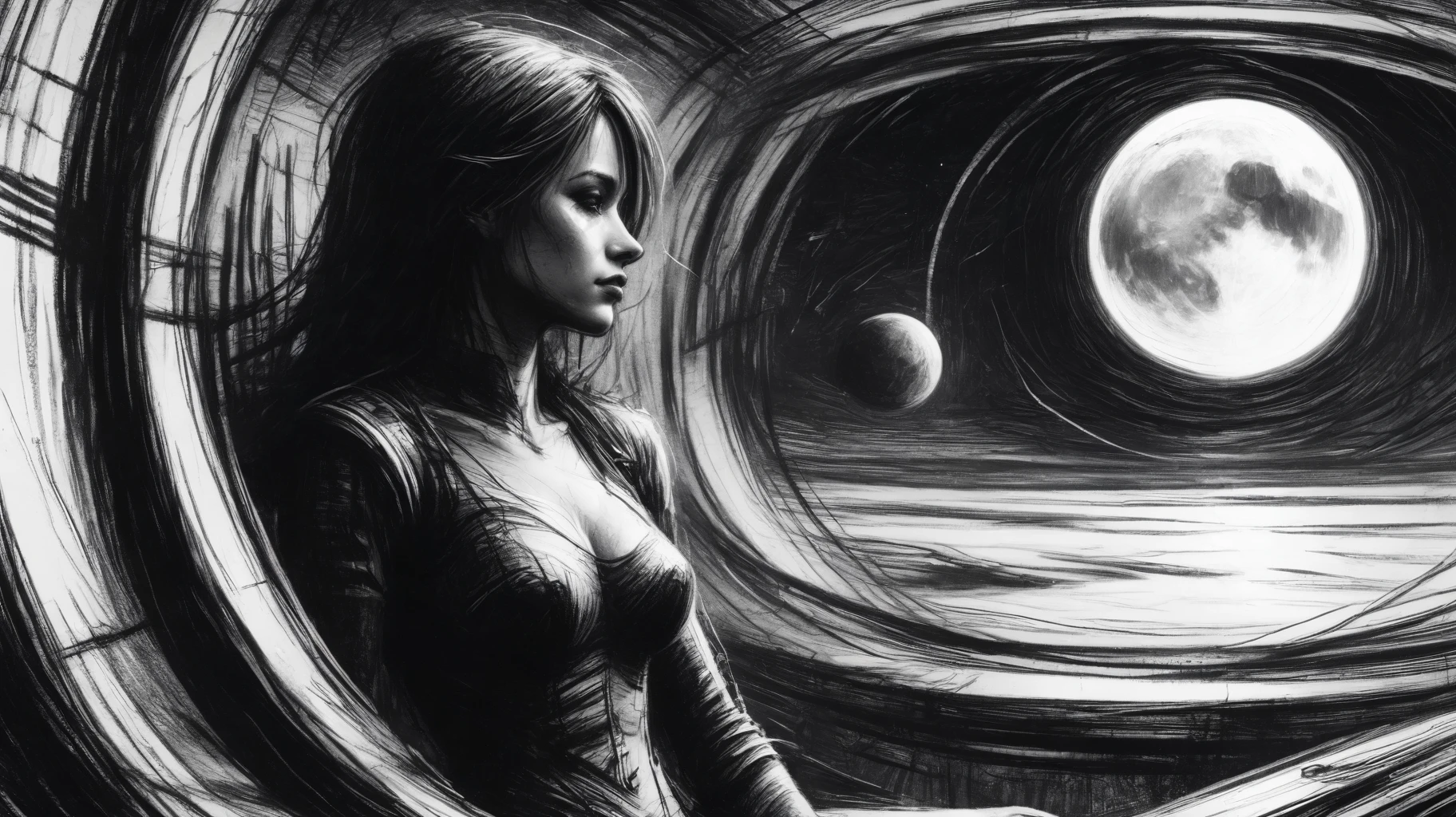 very rough charcoal sketch, scribbles, of a woman standing in a spaceship, staring at the stars, fine lines, bold lines