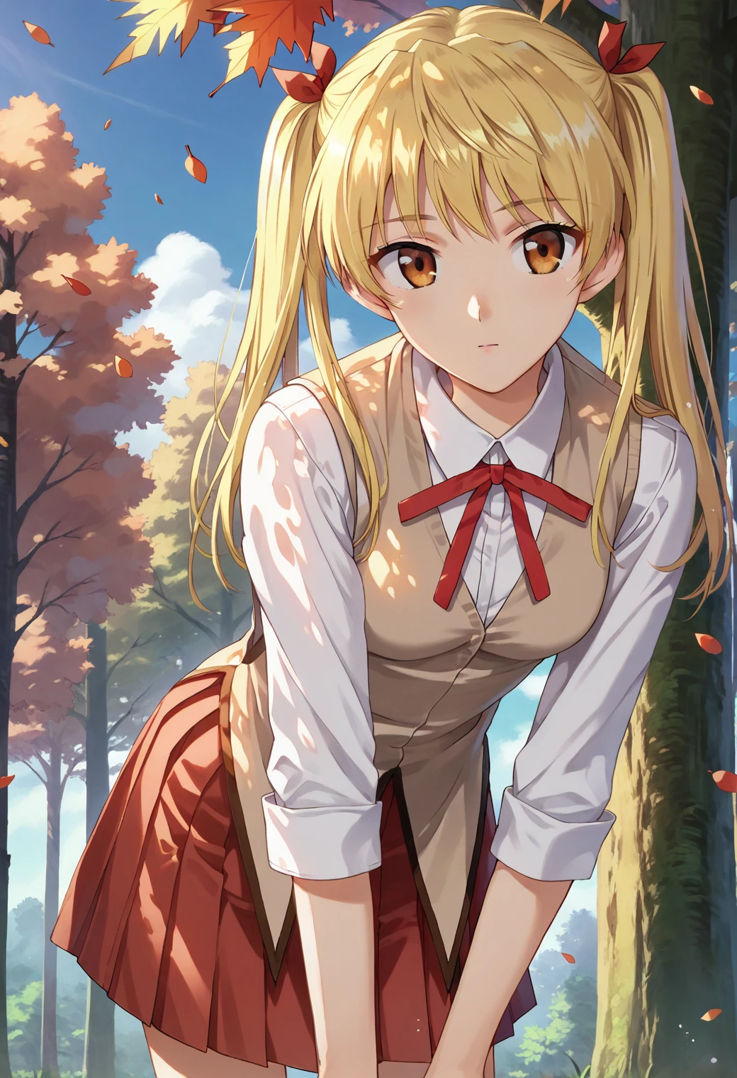 <lora:sawachika_eri_ponyxl_v8:0.8>, sawachika eri, blonde hair, twintails, solo, standing, looking at viewer,
school uniform, white shirt, brown vest, red ribbon, neck ribbon, collared shirt, red skirt, pleated skirt,
leaning forward, 
outdoors, forest, falling leaves, tree, blue sky, cloudy sky,
score_9, score_8_up, score_7_up, score_6_up, anime coloring, high quality, detailed, beautiful, outstanding, countershading, detailed soft lighting