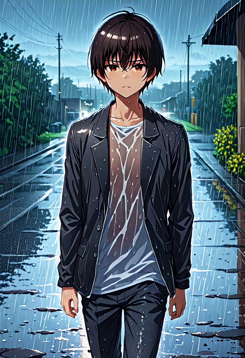 high resolution, solo, best quality, 1Boy, Seiya Kanie, Black Hair, Short Hair, Thin, Brown Eyes, Walking in the rain, puddles, calm, wet, wet hair, bangs,