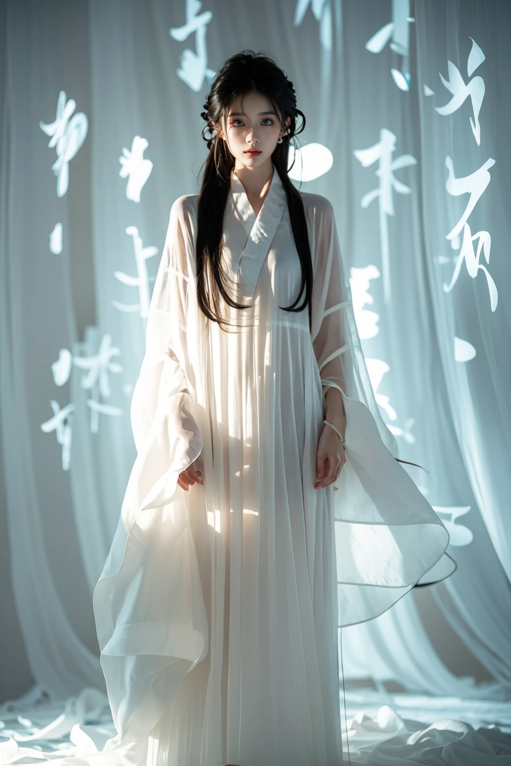 photorealistic,realistic,photography,masterpiece,best quality,ultra-detailed,extremely detailed CG unity 8k wallpaper,(reality: 1.4),1girl,solo,long hair,closed mouth,looking at viewer,full body,standing,parted lips,lips,wide sleeves,see-through, white chinese text,Chinese calligraphy in background, <lora:JAY-Calligraphy Chinese:1>