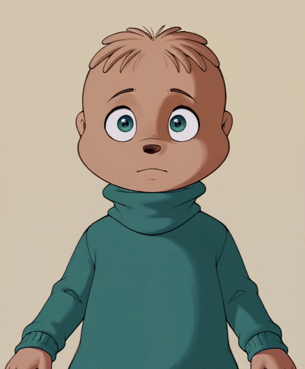 1boy, solo, theodore seville, green eyes, green sweater, turtleneck (((cartoon))), cartoony, (((short body))), front view, big eyes, small button nose,