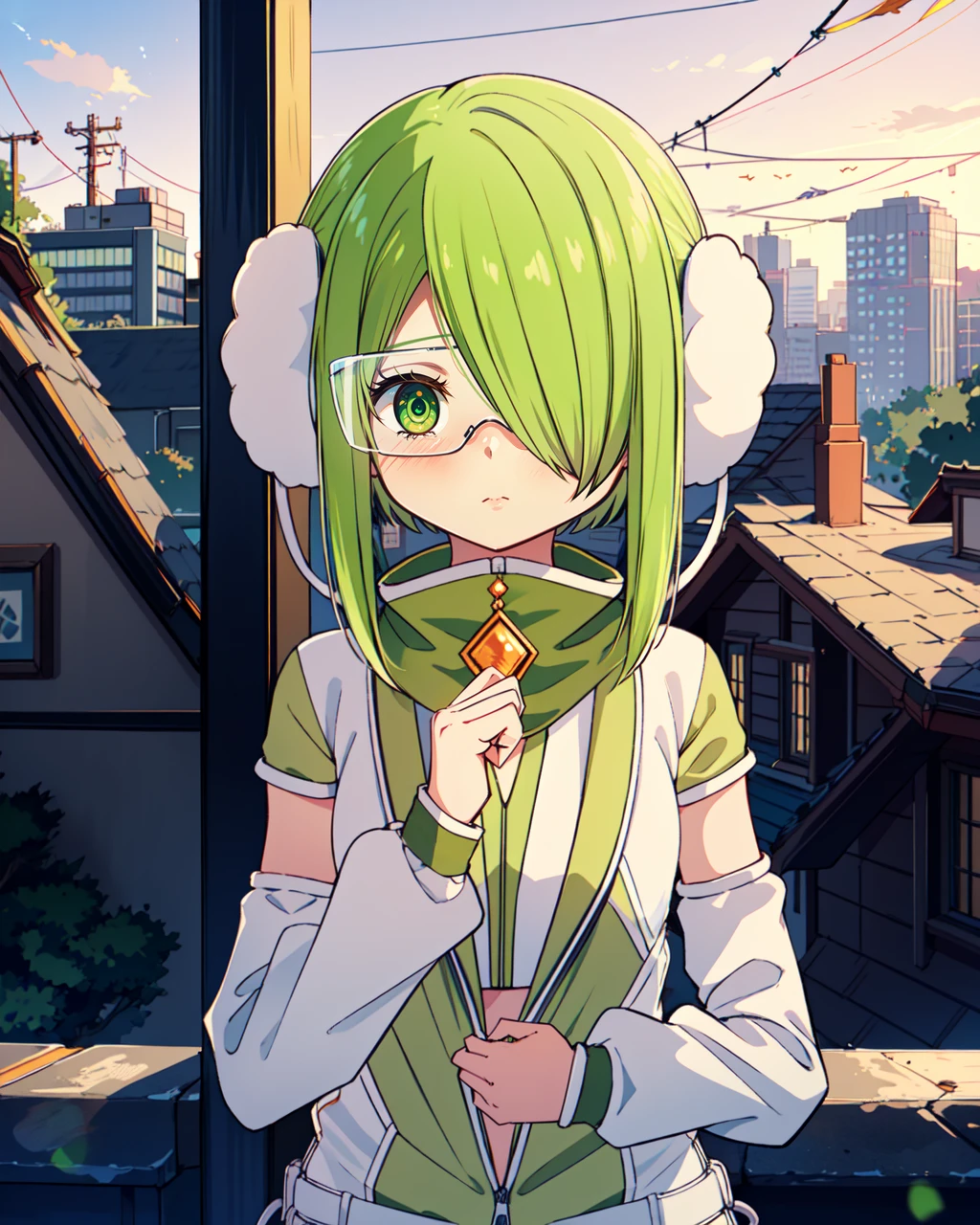 masterpiece, high quality, mgrcshiguremiyabi, 1girl, upper body, medium shot, green hair, green eyes, one eye covered, white earmuffs, green with white hoodie, white detached sleeves, green skirt, green with white top, high collar, orange gem on neck, protective glasses, sad, outdoors, forest, night, moonglare, <lora:mgrcshiguremiyabi:0.8>