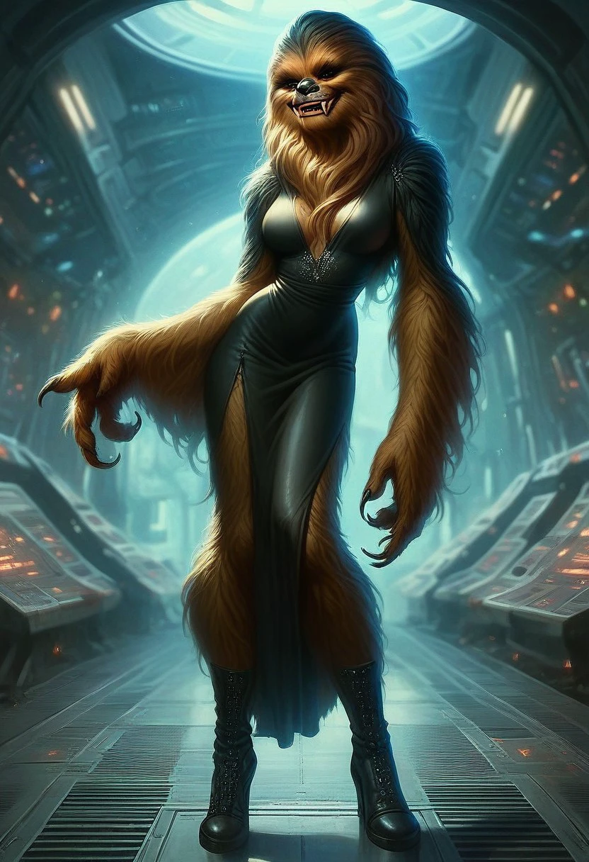 score_9_up, score_8_up, score_7_up, score_6_up, 1girl, solo, fem_w00kie, furry female, fur, fangs, claws, black dress, high heeled boots, standing on an alien planet, smile, (realistic), (painted art:1.3)