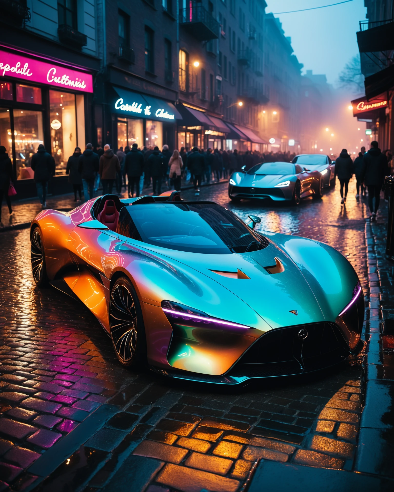 stunning night city photo, concept supercar convertible, iridescent body, smooth, curves, aerodynamic, nautilus, glossy, backlit, sunset, night time, film grain, wet cobblestone brick street winding around a corner, reflections, blade runner edgy cyberpunk style, dark lighting, dramatic hard shadows, fog, people, pedestrians, crowd of colorful pedestrians people onlookers walking on the street, paparazzi taking photos, explosive, material contrast, hyper-detailed, 8k, hyper detailed elegant, ((realistic, photorealistic, hyperreality, dslr quality)), professionally graded colors