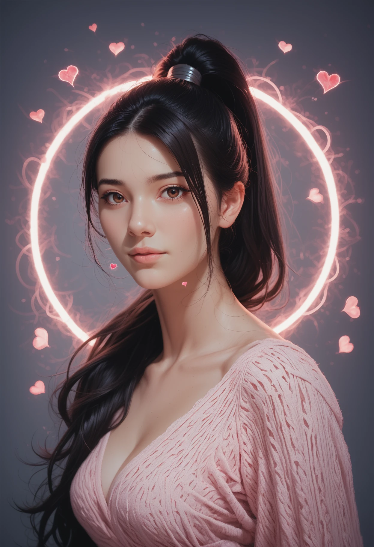 score_9,score_8_up,score_7_up, a portal gate surrounded by pink mist, floating hearts  <lora:heartmiststyle-000001:1>, beautiful girl, black hair, high ponytail, long hair, 1girl, beautiful woman's face, brown eyes, looking at viewer, seij <lora:Seij-000001:1>,