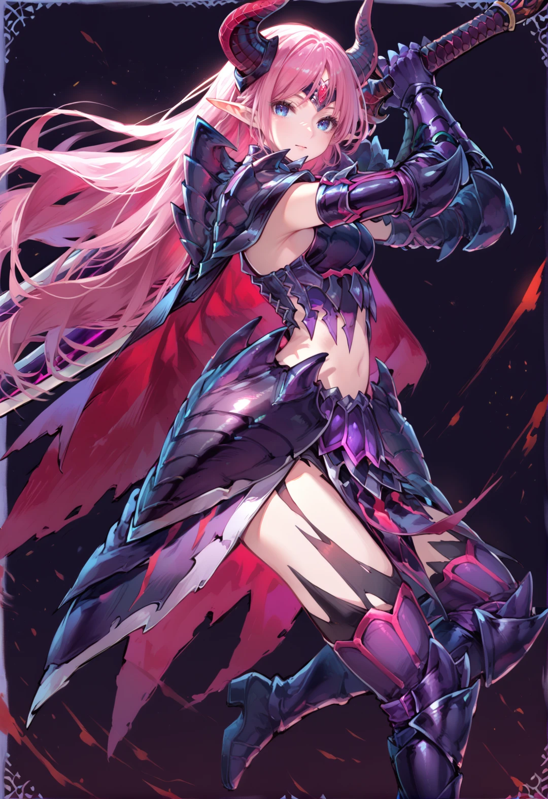 (score_9:0.9),score_8_up,score_7_up,rating_safe,anime style,(zPDXL),<lora:Gore magala S armor ponyXL v1.2:0.8>,gore magala armor,1girl,long hair,solo,pointy ears,red horns headband,holding huge sword,blue eyes,very long hair,red hair,looking at viewer,purple thigh boots,pink hair,purple gauntlets,torn cape,purple pelvic curtain,purple pauldrons,<lora:sword_over_shoulder:0.45>,sword-over-shoulder,