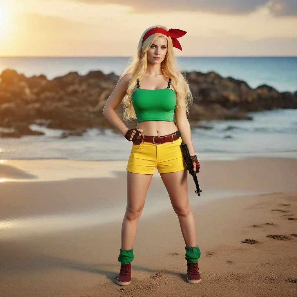 cinematic photo full body portrait 1girl, yellow short, green crop top, rel belt,blond hair, midriff, fingerless gloves, long hair, red hairband,  navel, large breast, holds weapons on island beach,  sunset<lora:Lunch1024:0.8> . 35mm photograph, film, bokeh, professional, 4k, highly detailed