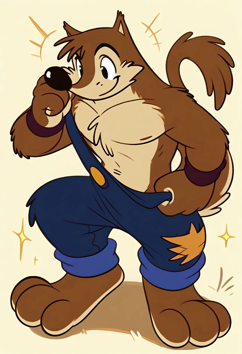 score_9, score_8_up, score_7_up BREAK Wuffl, 1boy, brown fur, beige muzzle, black nose, black eyes, beige chest, tail, dark brown cotton wristbands, blue overalls with single strap, right knee yellow patch,
