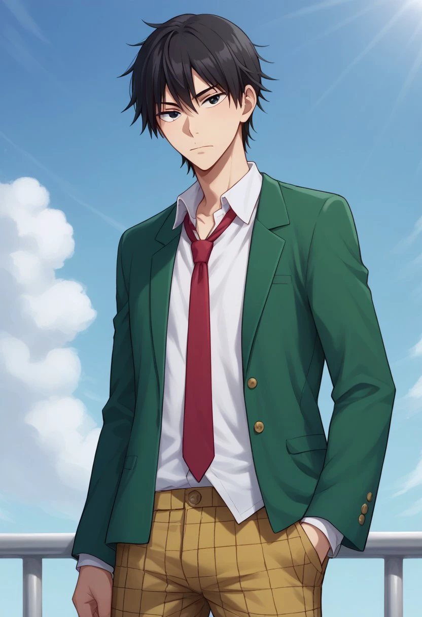 score_9, score_8_up, score_7_up, source_anime, highly detailed, 
imaizumi, 1boy, male focus, necktie, solo, school uniform, red necktie, black hair, sky, shirt, white shirt, black eyes, day, green jacket, jacket, looking at viewer, closed mouth, blue sky, collared shirt, open clothes, upper body, plaid pants, plaid, pants,