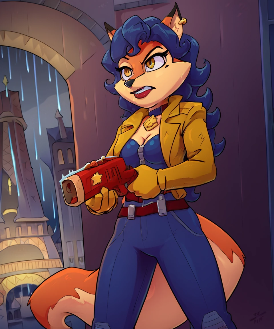 source_furry, zPDXL2, ((masterpiece)), best quality, 1girl, solo, (anthro, fox), (close up face:1.2, face focus), clothing, pants, (detailed background, 4k, 2k, movie, hd, city, night, rain, holding a pistol, pistol:1.4, weapon, gun),  carmelita_fox, 