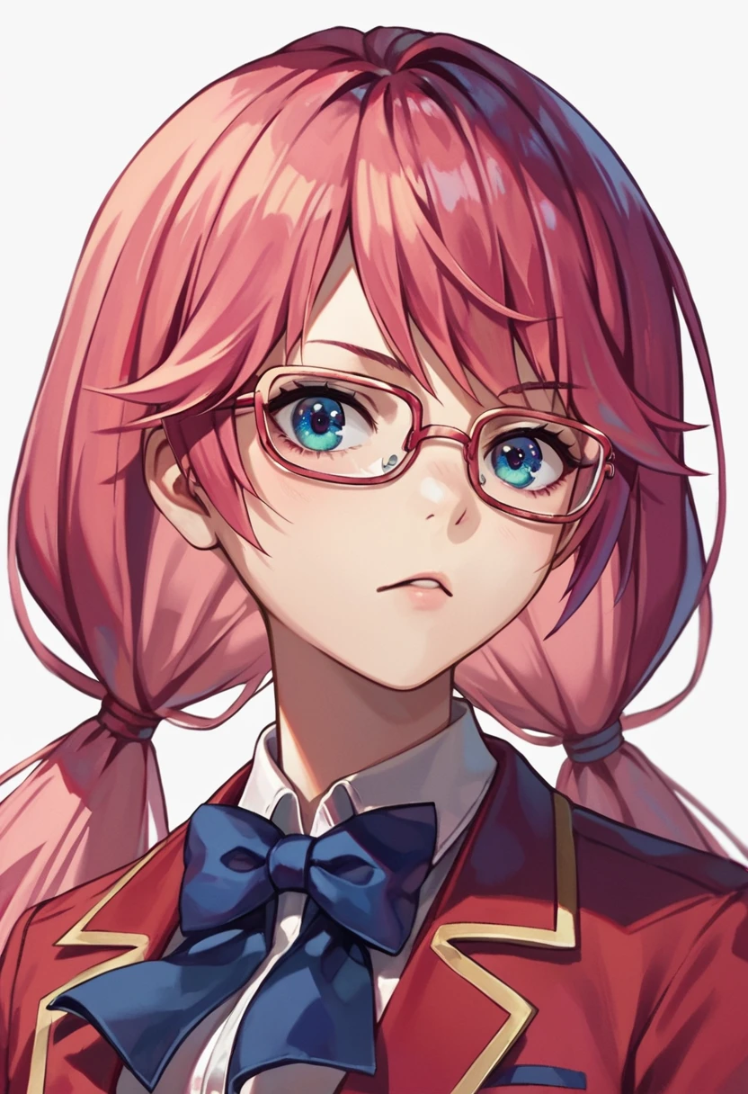 score_9_up score_8_up score_7_up, 
airi sakura, 1girl, glasses, very long hair, blue eyes, twintails, red hair, low twintails, pink hair
white shirt, red jacket, bowtie
simple background, white background, portrait
<lora:cote_aio:0.9>