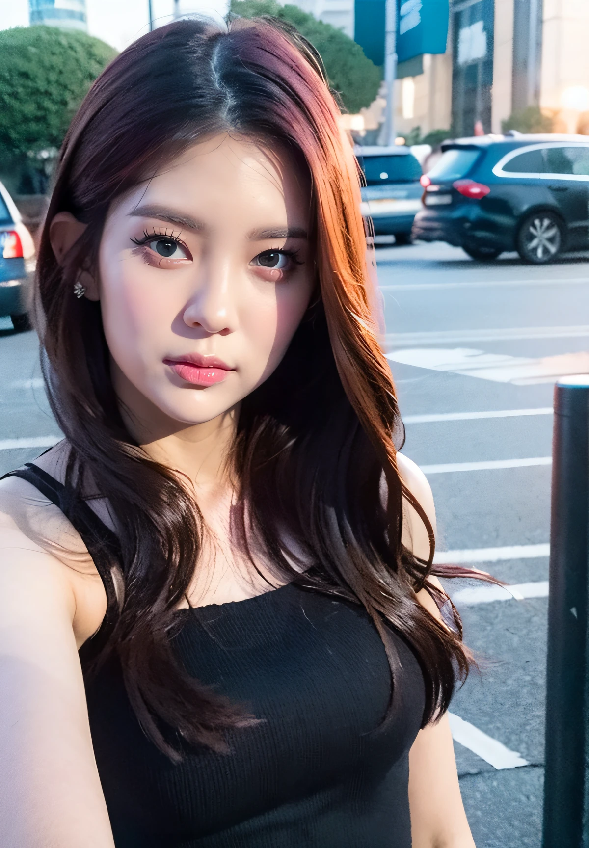 <lora:Daisy_V1:1> Daisy_V1, (realistic), (hyperrealism), (photorealistic:1.4), 1girl, looking at the viewer, eye makeup, detailed eyes, detailed face, (upper body:1.2), detailed background, black dress, walking at the streets, sunset, (windy:1.2)