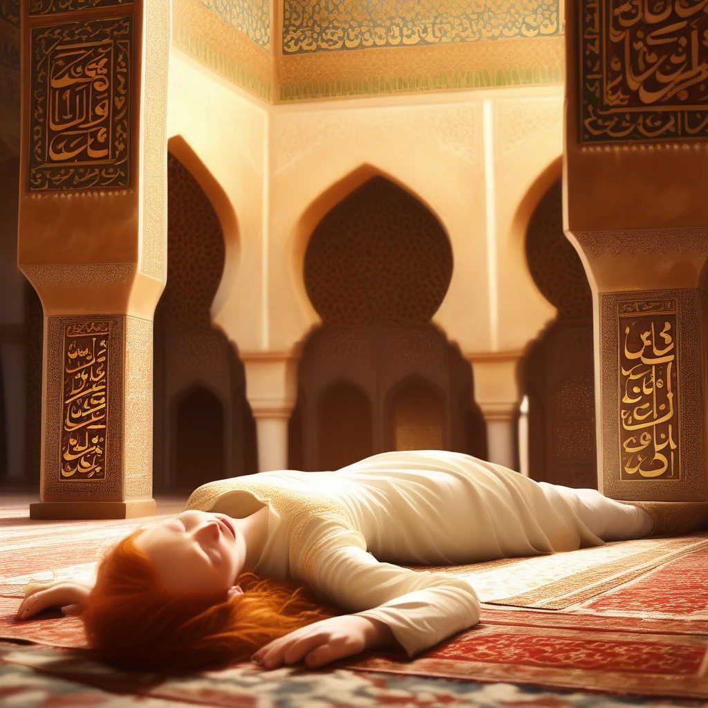 religion, pale ginger girl lying inside (mosque), realistic,