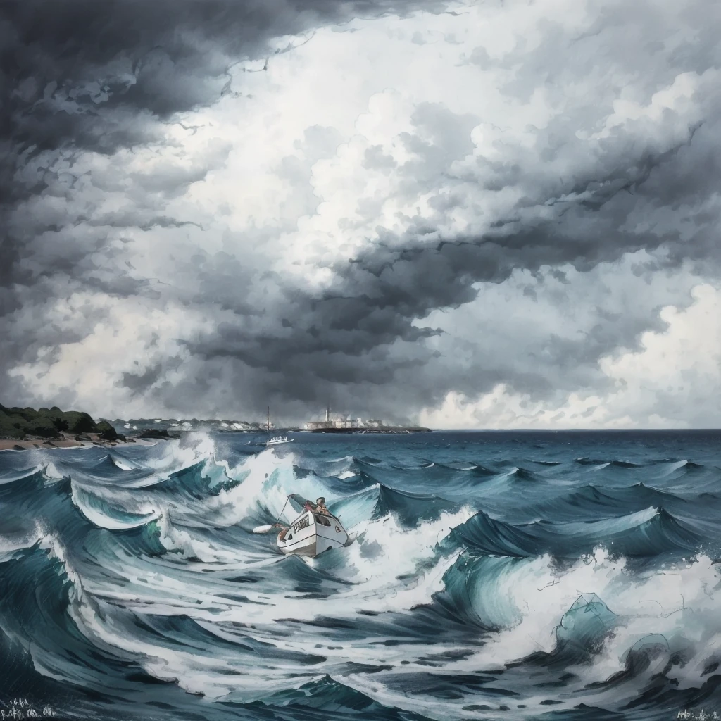 zenno style, boat, ocean, storm, <lora:Zennosuke_style:1>
