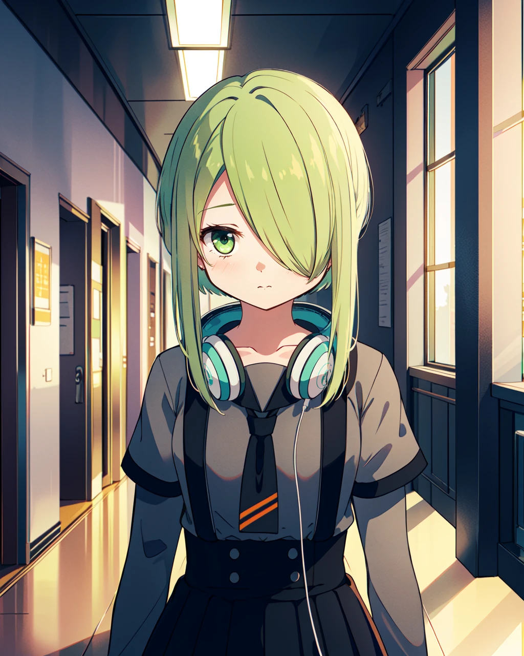 masterpiece, high quality, mgrcshiguremiyabi, 1girl, upper body, medium shot, green hair, green eyes, one eye covered, azure headphones on neck, grey shirt with long sleeves, black buttoned skirt with braces, black tie with orange stripes, indoors, corridor, surirpsed, <lora:mgrcshiguremiyabi:0.75>