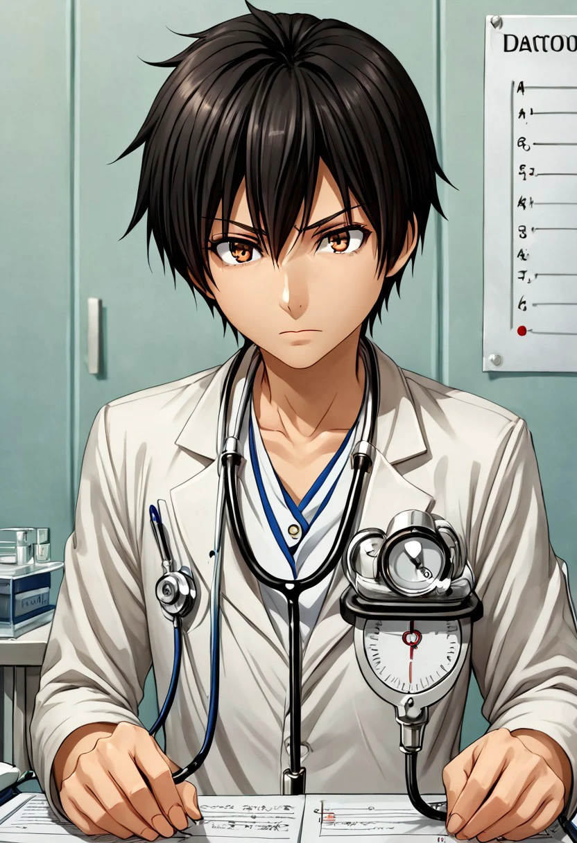 high resolution, solo, best quality, 1Boy, Seiya Kanie, Black Hair, Short Hair, Thin, Brown Eyes, Doctor, stethoscope, diagnosis, health,