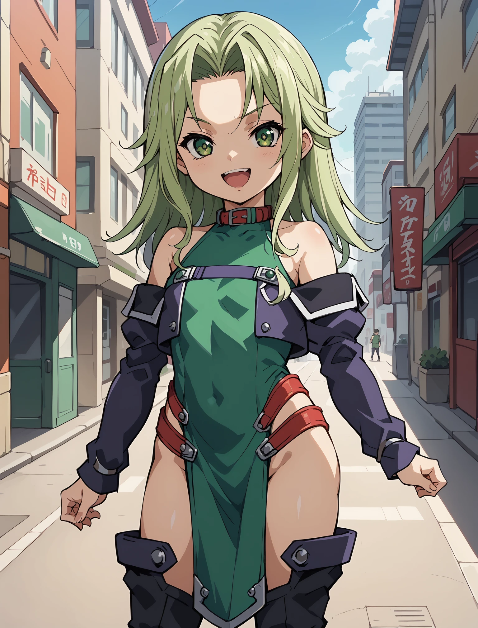 score_9,score_8_up,score_7_up,8k,1girl,anime screencap,cowboy shot,flat chest,
<lora:w17_ponyxl_fp16-000010:0.8>,w17 \(srwog\),green hair,green eyes,parted bangs,w17 \(costume\),dark purple cropped jacket,bare shoulders,pelvic curtain,impossible clothes,green dress,thigh boots,looking at viewer,street,cityscape,<lora:StS_age_slider_v1_initial_release:-5>,happy,laughing,