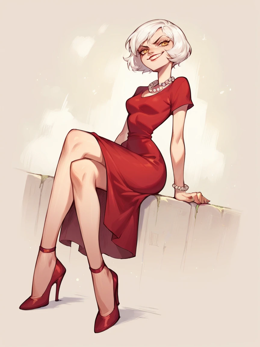 score_9, score_8_up, score_7_up, score_6_up, score_5_up,  <lora:s3dus4XLP:0.8> 1m4, 1girl, yellow eyes, white hair, short hair, jewelry, pearl necklace, red dress, sitting, high heels, smirk