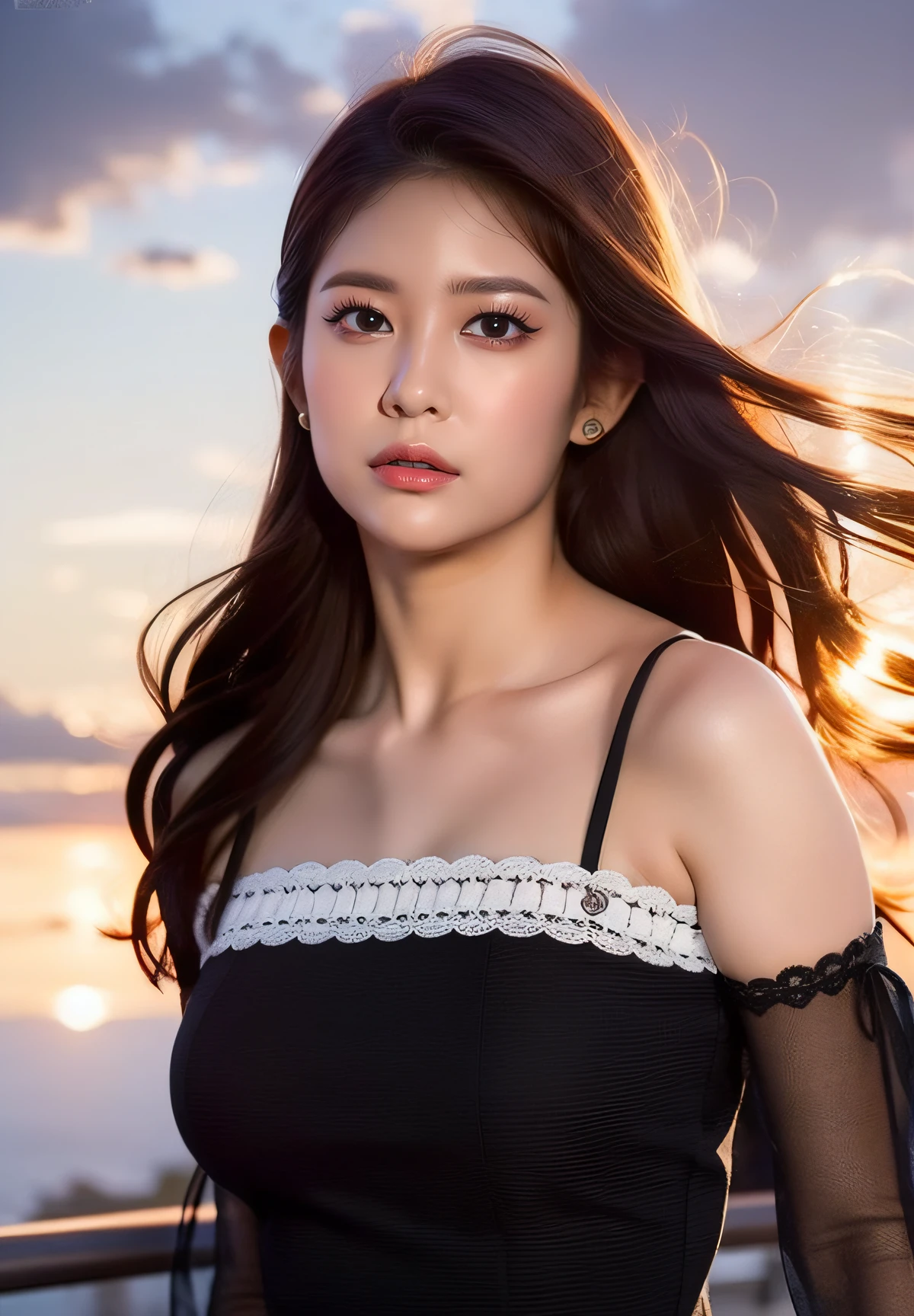 <lora:Daisy_V1:1> Daisy_V1, (realistic), (hyperrealism), (photorealistic:1.4), 1girl, looking at the viewer, eye makeup, detailed eyes, detailed face, (upper body:1.2), detailed background, black dress, walking at the streets, sunset, (windy:1.2)