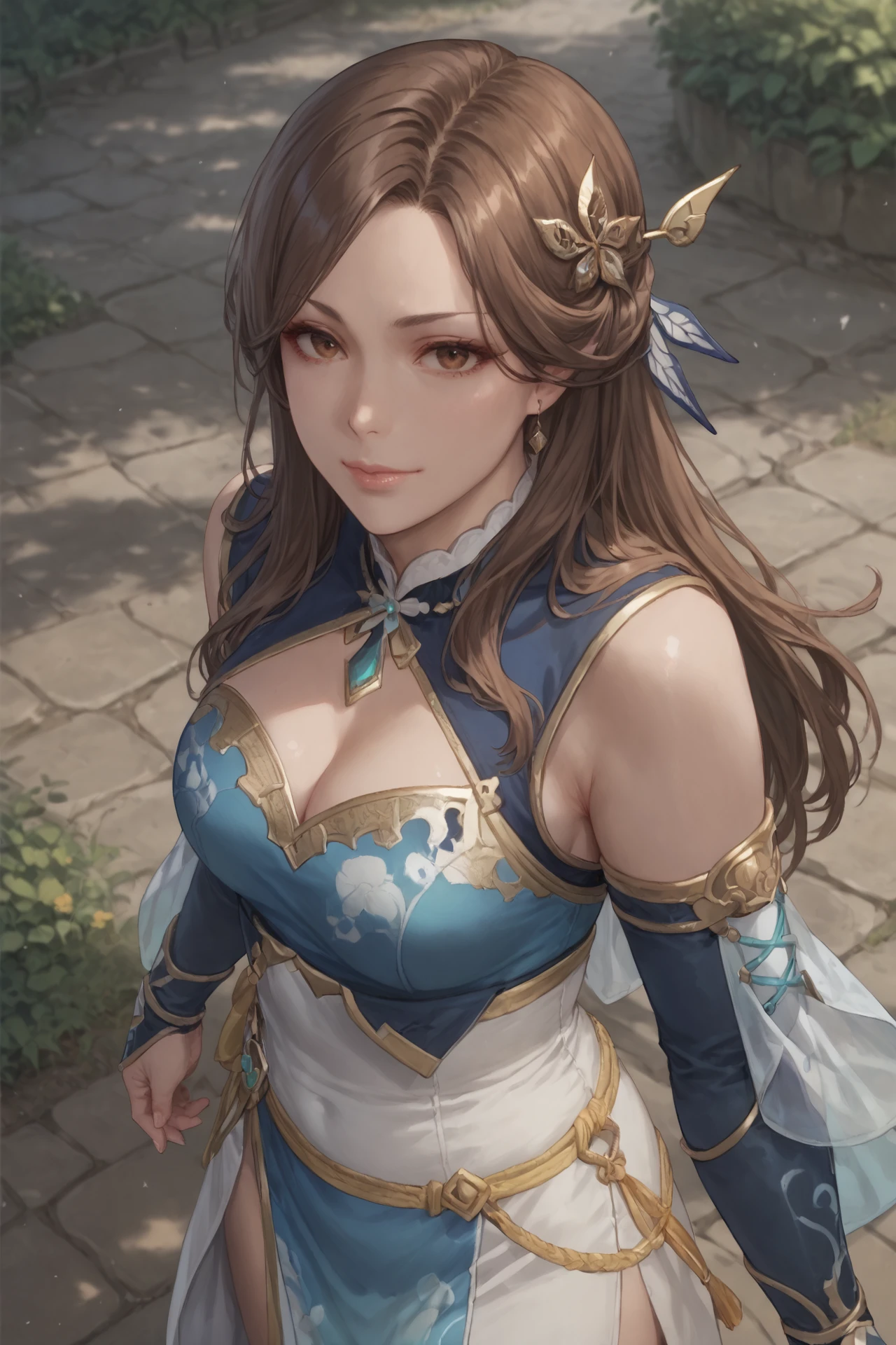 score_9, score_8_up, score_7_up, 1girl, solo, brown eyes, brown hair, hair ornament, dress, detached sleeves, long hair, hand on shoulder, looking at viewer, half body shot, from above, <lora:Zhang_Chunhua_Dynasty_Warrior:0.8>