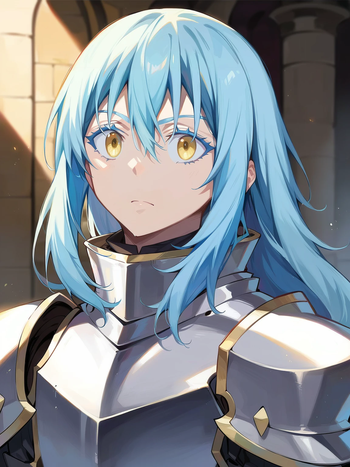 <lora:Rimuru:0.9> ri_ru, 1boy, blue hair, long hair, blue eyebrows, long blue eyelashes, yellow eyes,
((steel knight armor)), castle background, score_9, score_8_up, score_7_up,