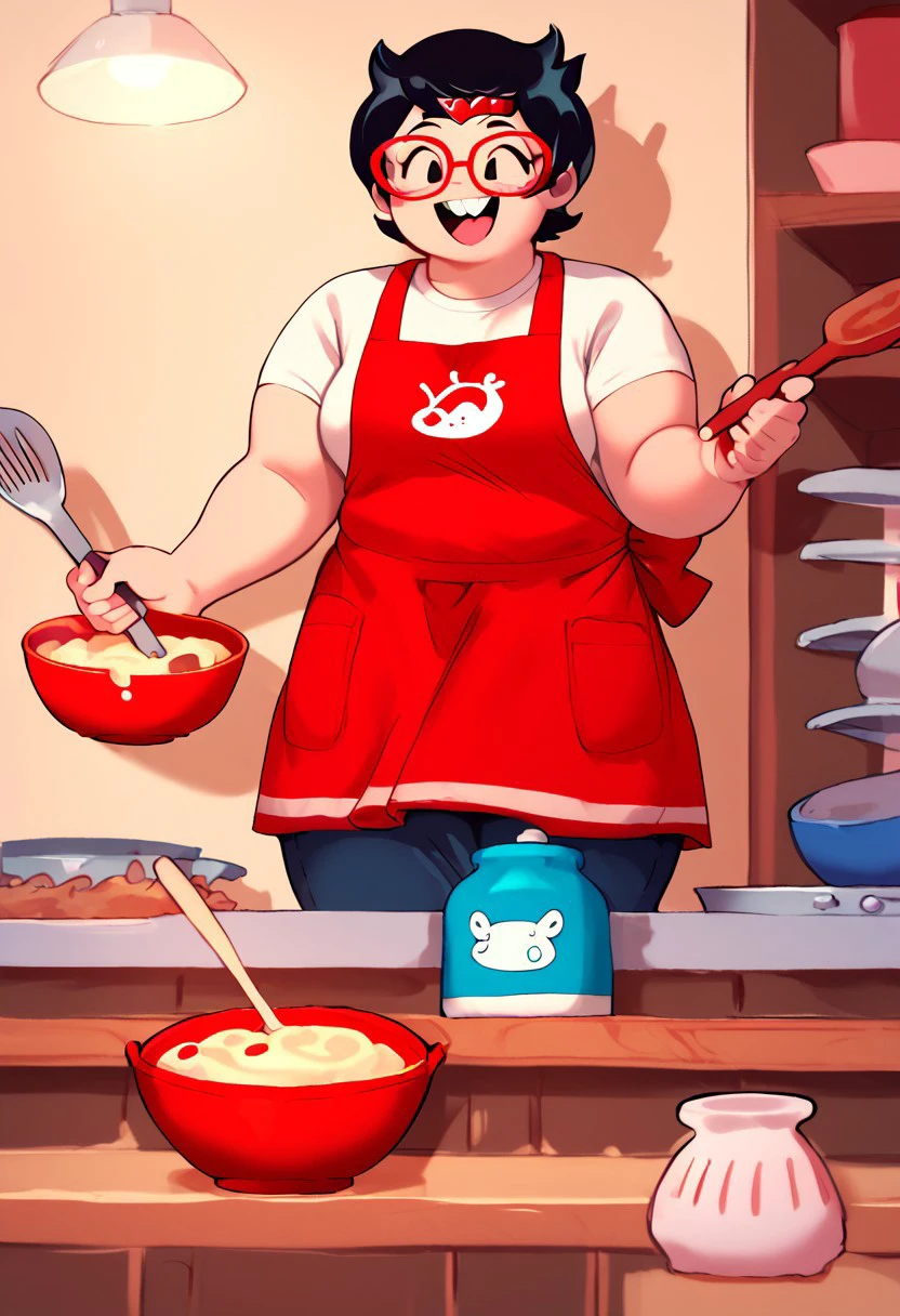 score_9, score_8_up, score_7_up, score_6_up, easynegative, angstrom, 
jane crocker, red glasses, black hair, buck teeth
smiling, cooking, red bowl, 
white shirt, blue symbol on shirt, skirt, apron, red apron, red tiara,
chubby, round,