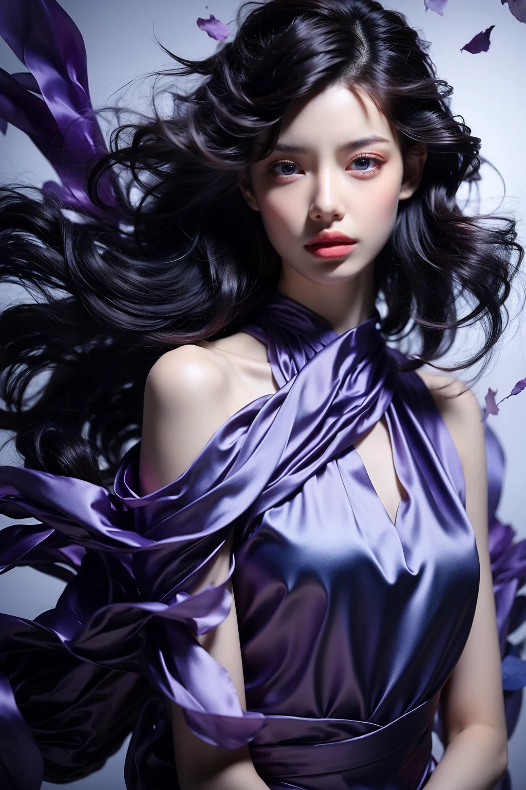 photorealistic,realistic,photography,masterpiece,best quality,ultra-detailed,extremely detailed CG unity 8k wallpaper,(reality: 1.4),1girl,solo,long hair,messy hair,looking at viewer,blue eyes,black hair,wind,floating hair,upper body,standing,parted lips,lips,flowing purple satin with intricate details,science fiction,realistic,nose,science fiction,Purple torn dress,Purple air, <lora:jay-purple air:1>