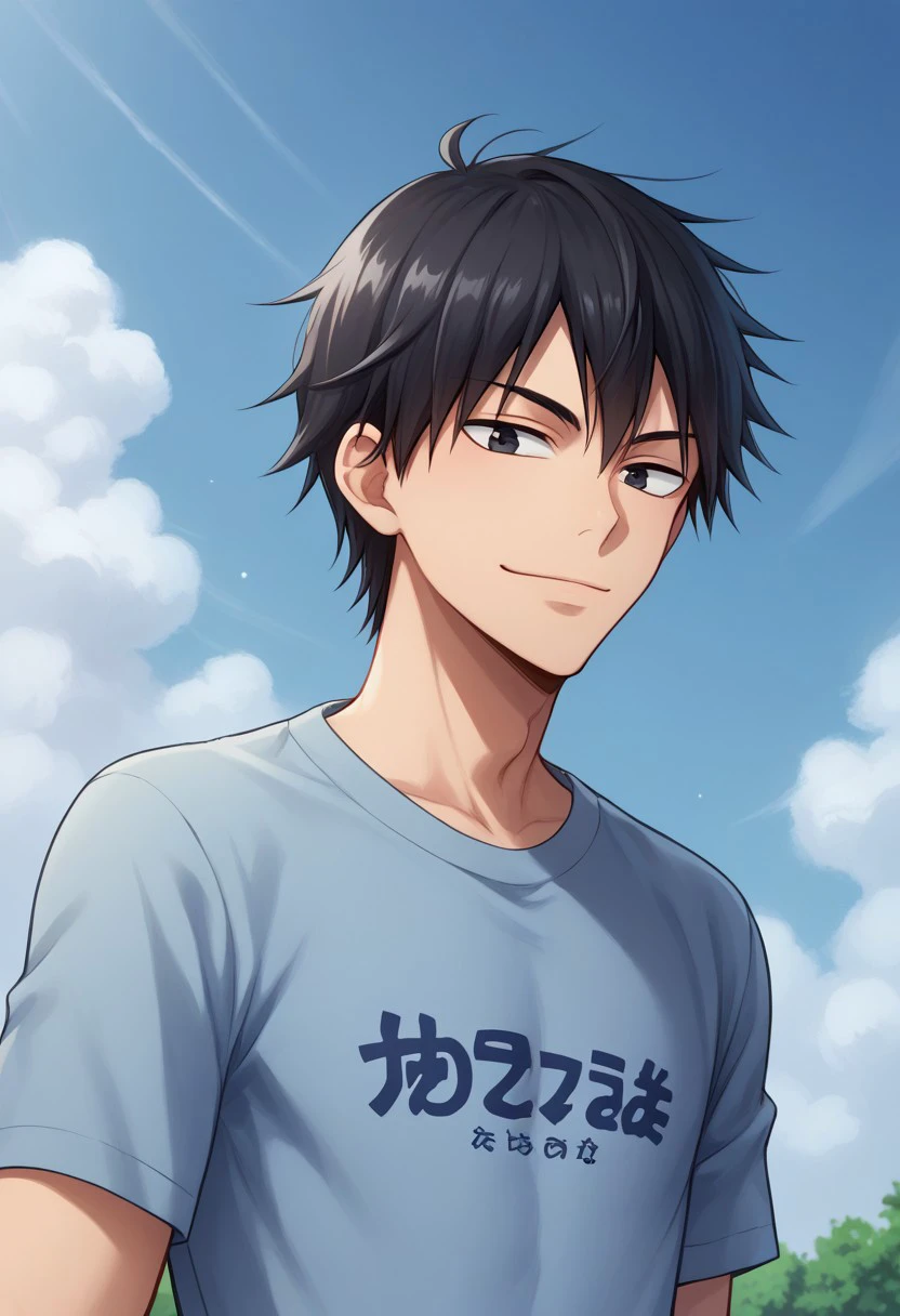 score_9, score_8_up, score_7_up, source_anime, highly detailed, 
imaizumi, 1boy, male focus, solo,  black hair, sky, black eyes, day, blue sky, upper body, t-shirt, blue t-shirt, long sleeves, pants, smile,