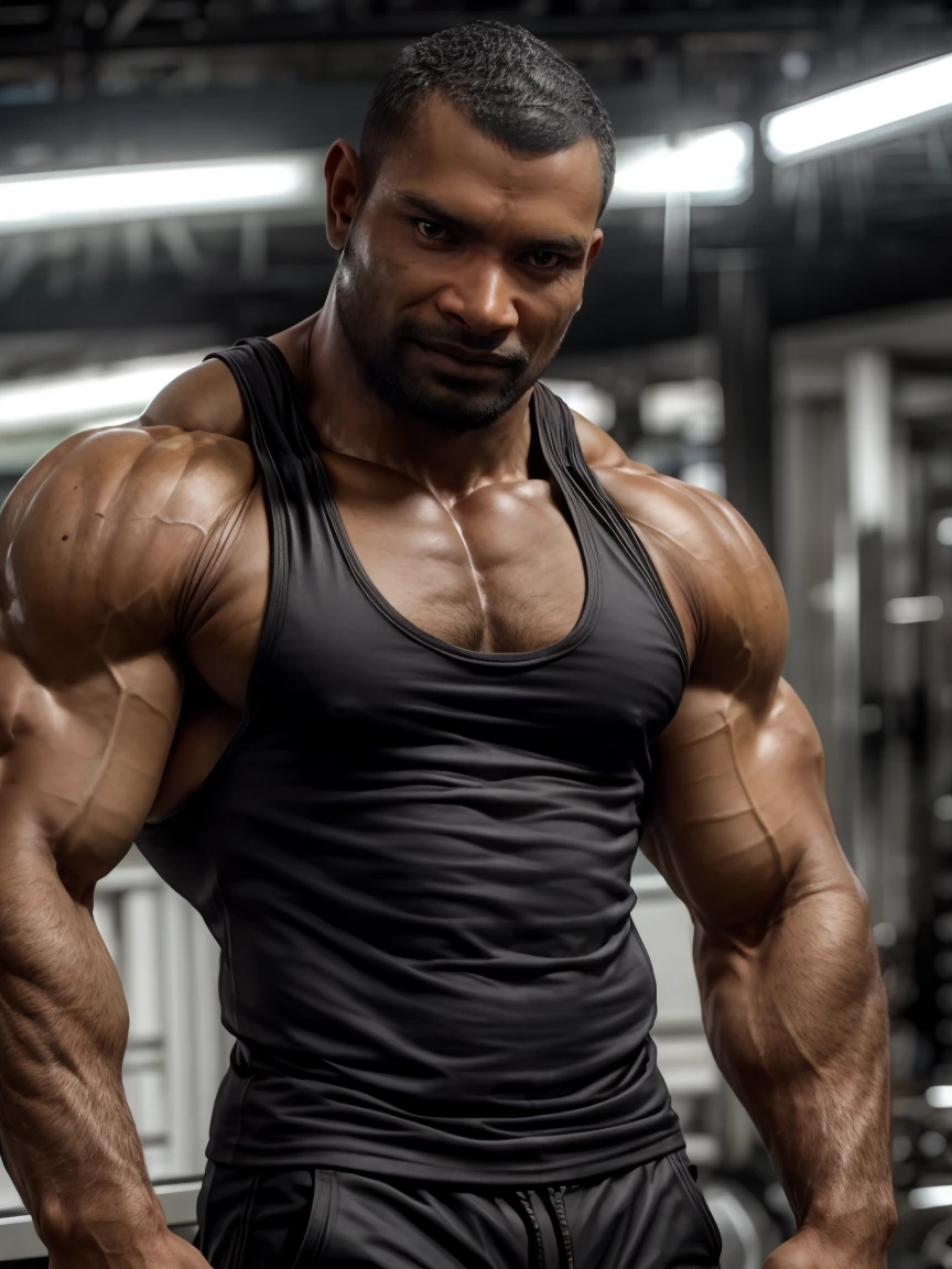 ultra realistic, unreal engine 5, anatomically correct, detailed eyes, detailed face, black eyes, male focus, solo, vichitsin, very dark skin, dark-skinned male, muscular, bara, bodybuilder, very short hair, buzzcut, ((tanktop)),
<lora:Add More Details:1> 
<lora:Vichit Singtong H:1>