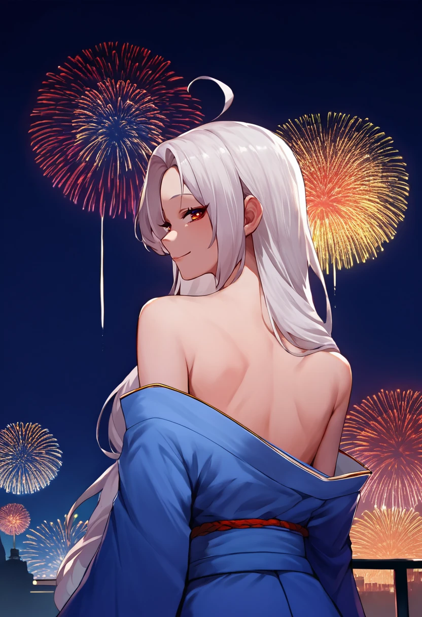 score_9, score_8_up, score_7_up, source_anime, from behind, solo, 1girl, clorox-chan, smile, looking back, long hair, white hair, ahoge, japanese clothes, blue kimono, off shoulder, bare shoulders, fireworks <lora:gijinkaseries_clorox_ponyXL:1>