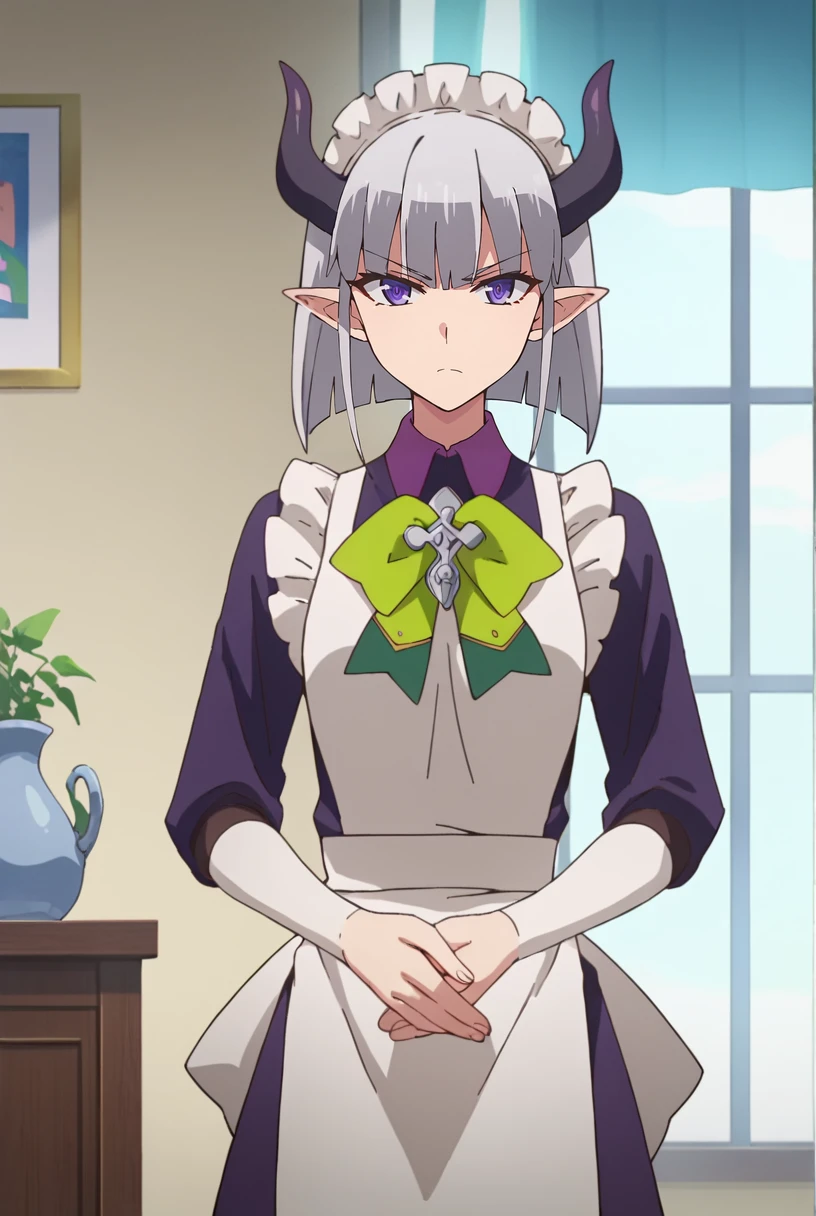 score_9, score_8_up, score_7_up, source_anime,
<lora:ShinmaiMaou_LukiaXL:0.8>, LukaiSM,
1girl, closed mouth, serious,
grey hair, purple eyes, horns, pointy ears,
LukiaMaid, maid headdress, purple dress, green bow, apron, 
looking at the viewer, facing viewer, thigh gap, own hands together,
indoors