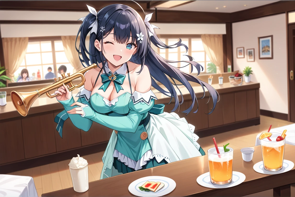 score_9, score_8_up, score_7_up, best quality, masterpiece, source_anime, anime screenshot, BREAK,  1girl. ark_royal_\(azur_lane\), Floral Mint outfit, <lora:prcarrot_FloralMint:1>, smile, happy, Posing as if playing a trumpet, in restaurant