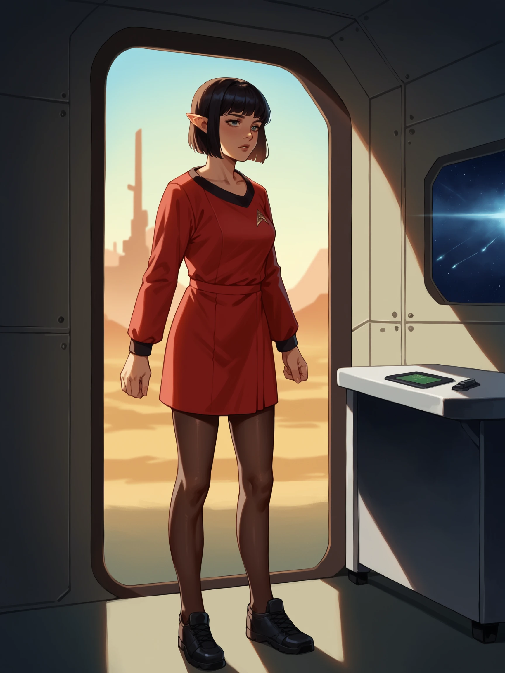 score_9, score_8_up, score_7_up, score_6_up, score_5_up, score_4_up,vulcan 1girl ice skater in stunf,star trek uniform red dress,side (bob haircut1:1), vulcan girl, star trek , (pointy ears),collarbone,on a space station,near science fiction airlock,in space,long sleeves,pantyhose<lora:ponytosnewV2:0.8>