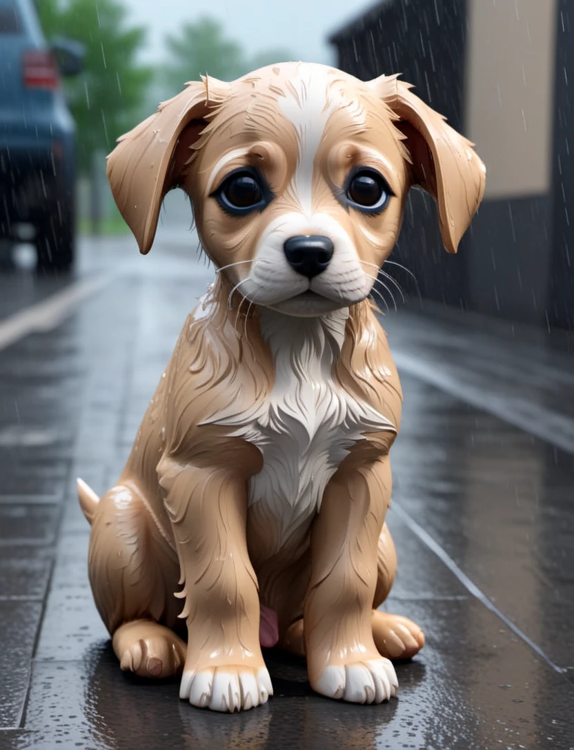 art by cc-3d,photo, a puppy sitting in the rain, sad, lonely, dull colors, monotone, natural lighting, 8k, raw, masterpiece, great quality, intricate details