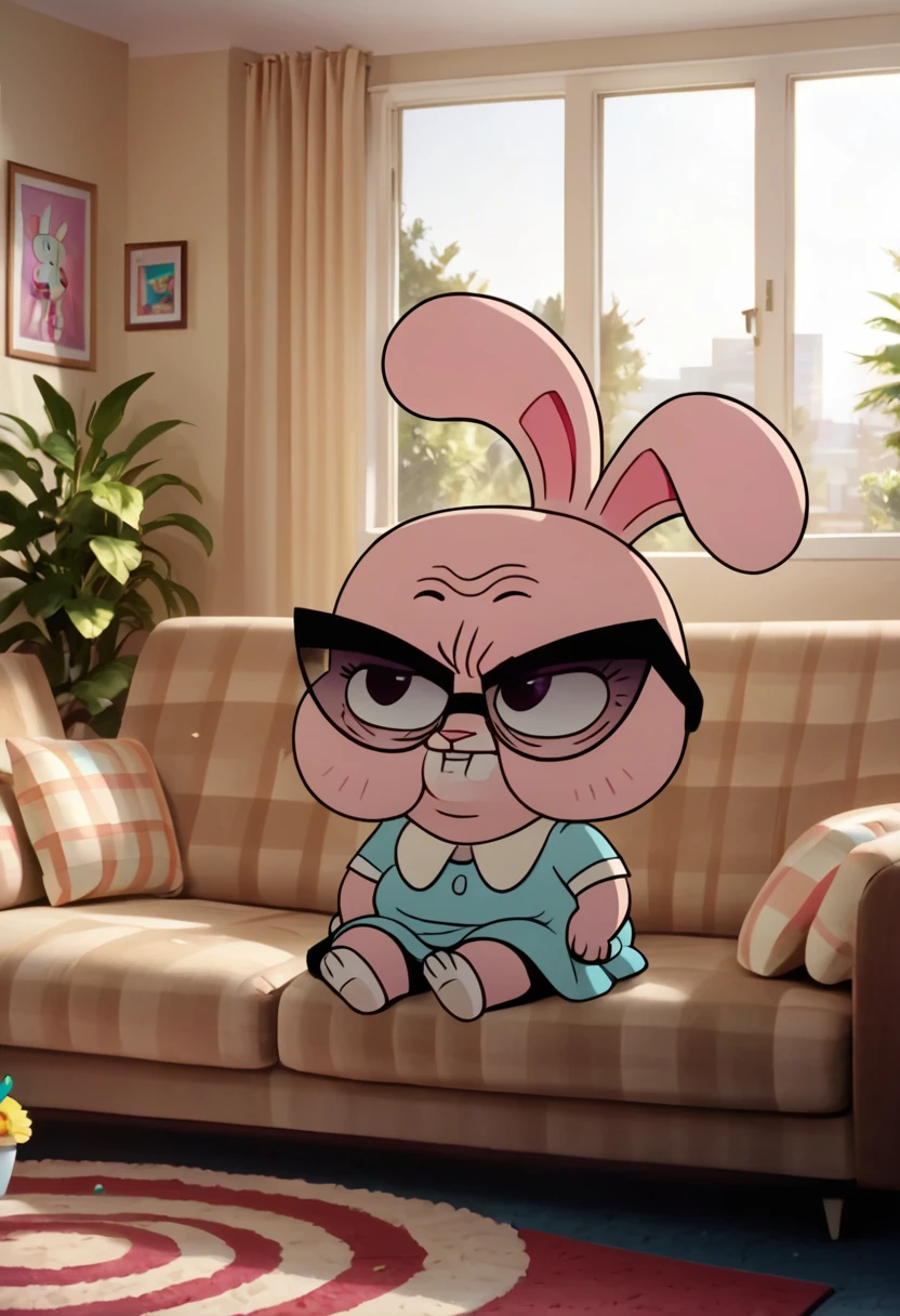 score_9, score_8_up, score_8,   <lora:Joanna_Jojo_Watterson_The_Amazing_World_of_Gumball_for_PonyXL_V2:0.8> 1girl, j0j0, bunny girl, old, solo,  glasses, sitting on couch, living room, window, parody