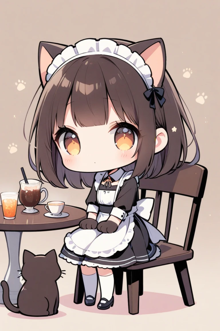 particle effect,1girl,outfit,cocoa\(drink\),table,sit chair,cat hands, maid dress with cat ears,pet pose,paws,dark brown hair,long hair,brown eyes,chibi,simple,flat art