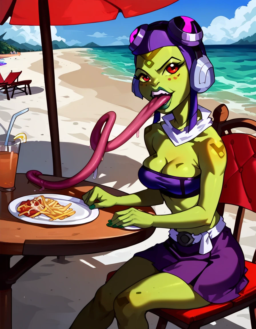 score_9, score_8up, <lora:Concept Art Eclipse Style LoRA_Pony XL v6:1>  <lora:Expressive_H-000001:1>   <lora:AtteaPonyXL:1> attea, ben 10, alien, frog girl, green skin, purple tube top, purple skirt, sitting, outside, beach, table, chair, plate of french fries, very long tongue, solo, hands on lap,