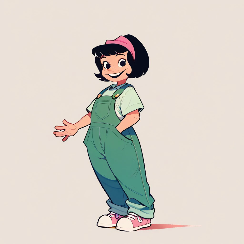 score_9, score_8_up, score_7_up BREAK Yuyito, 1girl, black hair, pink headband, black eyes, freckles, green overalls, white longsleeved undershirt, blue white shoes, smiling at viewer,