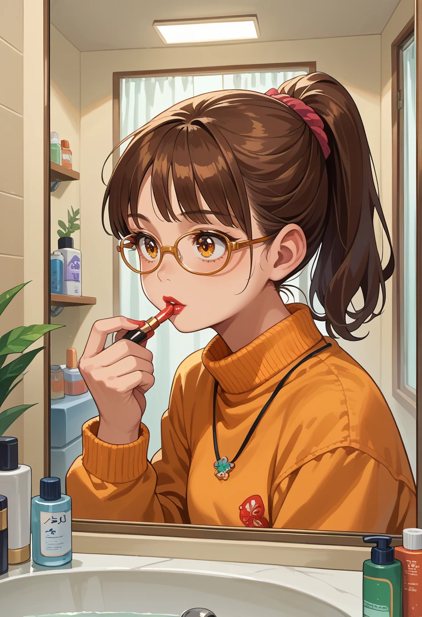 score_9, score_8_up, source_anime, 1girl, solo, applying lipstick, holding lipstick tube, brown hair, ponytail, amber eyes, glasses, indoors, bathroom, mirrior, reflection, <lora:ChamApplyingLipstickPonyXL:1>,