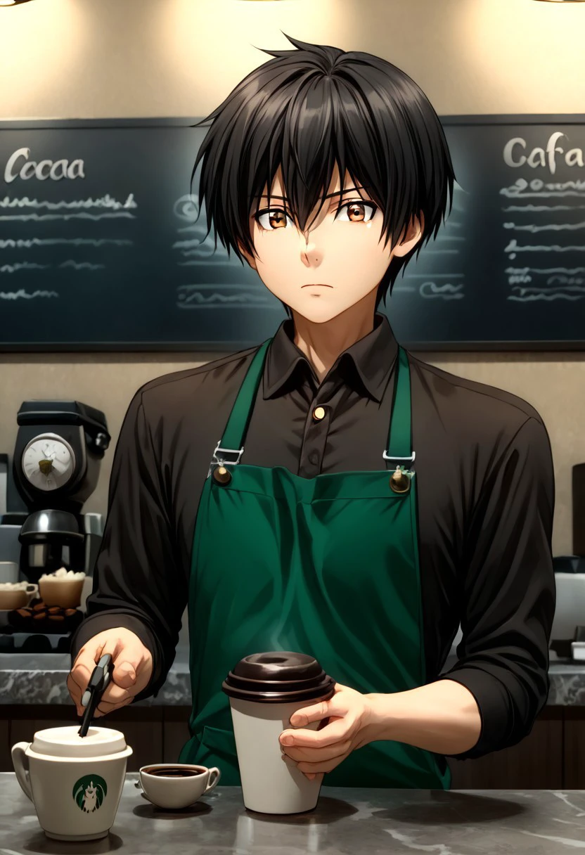 high resolution, solo, best quality, 1Boy, Seiya Kanie, Black Hair, Short Hair, Thin, Brown Eyes, Barista, coffee, espresso, cafe,