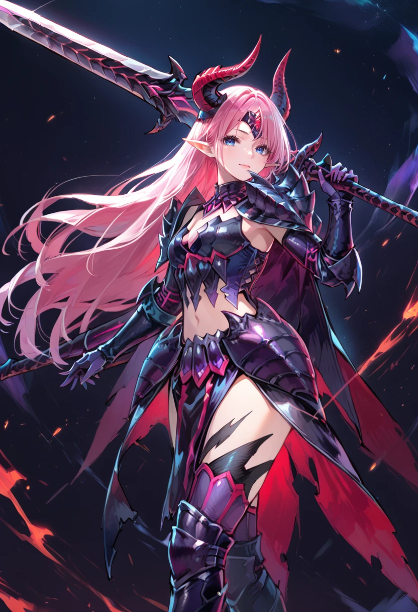 (score_9:0.9),score_8_up,score_7_up,rating_safe,anime style,(zPDXL),<lora:Gore magala S armor ponyXL v1.2:0.7>,gore magala armor,1girl,long hair,solo,pointy ears,red horns headband,holding,holding huge sword,blue eyes,very long hair,red hair,looking at viewer,purple thigh boots,pink hair,huge weapon,purple gauntlets,huge sword,torn cape,purple pelvic curtain,purple pauldrons,<lora:sword_over_shoulder:0.6>,sword-over-shoulder,